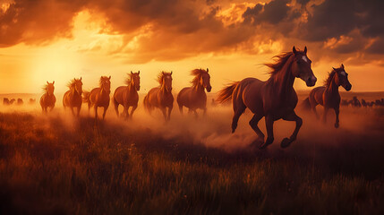 Obraz premium Majestic Herd of Wild Horses Running at Sunset