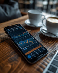 Smartphone on a table displaying stock market charts, representing technology, investment, and mobile trading solutions.