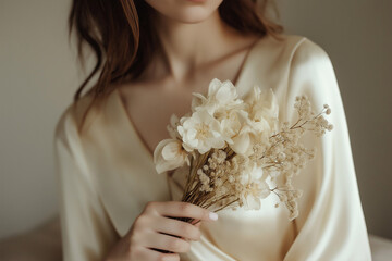 Naklejka premium Woman holding dried flowers in an elegant cream outfit 