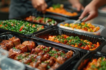 Obraz premium Putting food in boxes in a restaurant for food delivery, catering