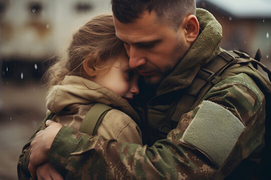 Caucasian adult male soldier father hugging daughter in military uniform outdoors - Powered by Adobe
