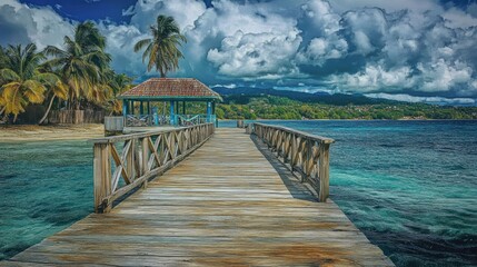 Fototapeta premium Serene Tropical Paradise: Wooden Pier Extending to Turquoise Waters