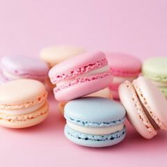 Colorful pastel macarons displayed against a soft pink background for a vibrant dessert presentation

