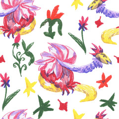 Fantastic beasts wax crayons seamless pattern on white isolated background. Textural and mythological repeating pattern. Design for textiles, wrapping paper and wallpaper.