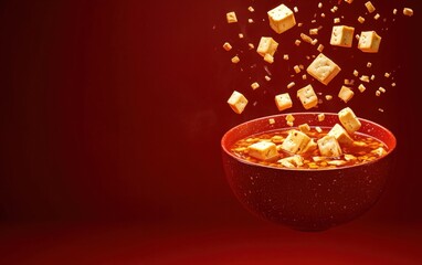 A hot and sour soup with tofu and mushrooms levitating mid-air, on a deep red background