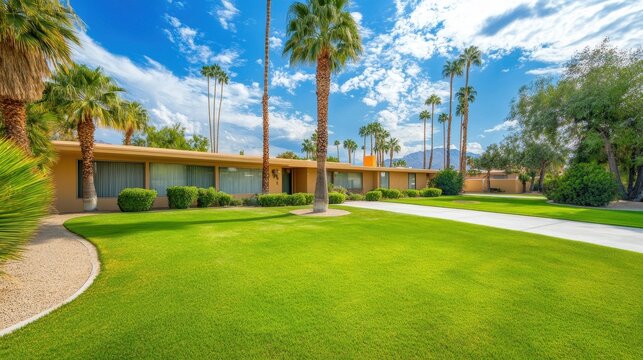 Luxury mid-century modern home, lush lawn, palm trees. Perfect for real estate, travel, or lifestyle websites.