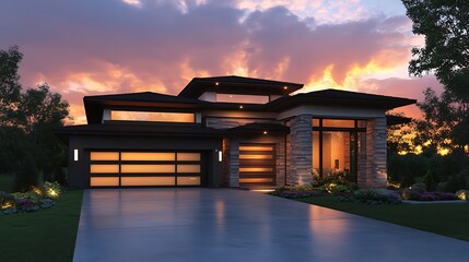 Fototapeta premium Sunset Capturing the Modern House Exterior and Garage Close Up