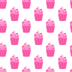 Seamless pattern with Pink Valentine Day Cupcake with heart sprinkles. Vector flat illustration.