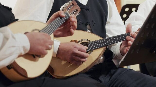 Musicians Playing Traditional Dalmatian Mandolins in Croatia During a Live Performance, Close-up