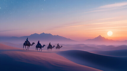 Fototapeta premium Majestic Desert Sunset: Camel Caravan Silhouette at Dawn