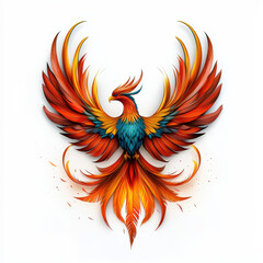 Fototapeta premium vibrant phoenix rising with fiery red, orange, and blue feathers, symbolizing rebirth and strength