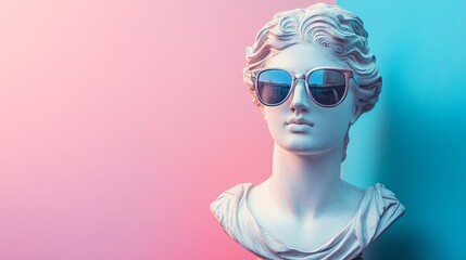 A white marble bust of a woman, wearing sunglasses, against a pink and blue background.