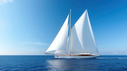 Fototapeta premium A sleek sailing yacht with full white sails gliding across a deep blue ocean, under a bright and clear sky