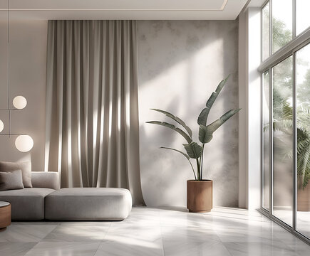 Aesthetic elegant minimalist modern interior design. Clear mock up empty wall for decoration in the apartment. Copy space in the room. Neutral palette of natural colors.