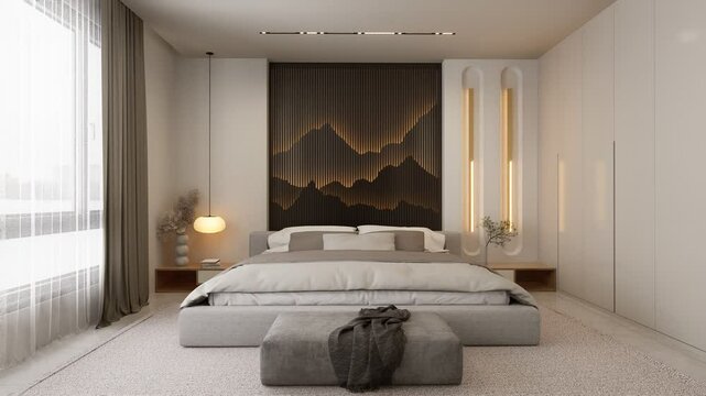 A modern bedroom featuring a neutral palette, textured wall, ambient lighting, and minimalist furniture, creating a serene and stylish atmosphere. 3d rendering frontal bed scene.