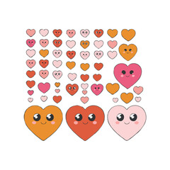 set of hearts in variety of color some with cute character  faces some solid colors or sentiment of heartfelt love happiness and warmth