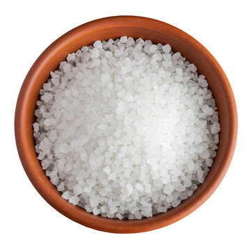 A terracotta bowl filled with coarse white sea salt, with a natural and rustic appearance.