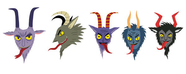 Krampus character set. Christmas cartoon Krampus Goat devil illustration. Stock hand drawn vector illustration isolated on white background.