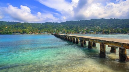 Fototapeta premium Serene Caribbean Pier: Turquoise Waters and Lush Greenery