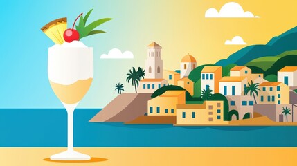 Tropical Drink Near Coastal Village at Sunrise