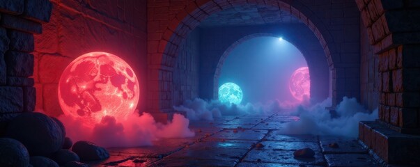 Mysterious orbs glow with an otherworldly energy within a dimly lit chamber, dimly lit, mysterious