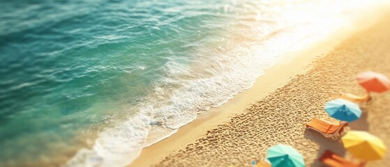 Serene beach scene with umbrellas and gentle waves.