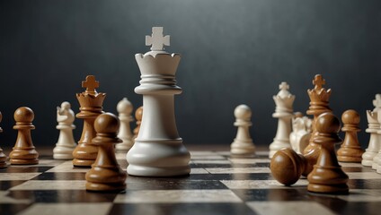 3d animation, chess game battle, white king chess piece jumps down, aggressive attack, all pawns fall down. Successful strategy, champion metaphor, leadership concept