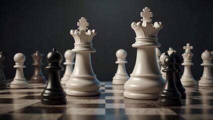 3d animation, chess game battle, white king chess piece jumps down, aggressive attack, all pawns fall down. Successful strategy, champion metaphor, leadership concept