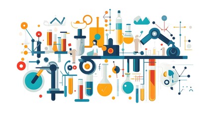 Naklejka premium Flat illustration of a research team working in a laboratory, in a vector style with a blue and white color palette