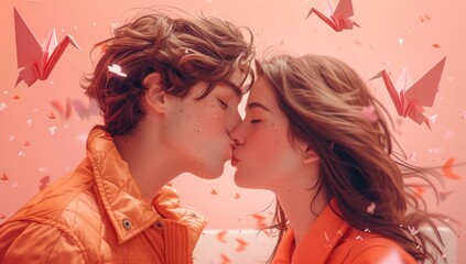 Couple Kissing Surrounded by Falling Origami Cranes