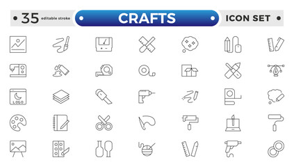 1130 Set of Crafts outline icons related to carpentry. Pencil, pen, brush, bucket paint, palette knife, roller, palette, marker and more. Editable stroke outline icon.
