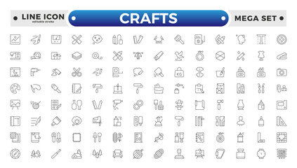 1130 Set of Crafts outline icons related to carpentry. Pencil, pen, brush, bucket paint, palette knife, roller, palette, marker and more. Editable stroke outline icon.
