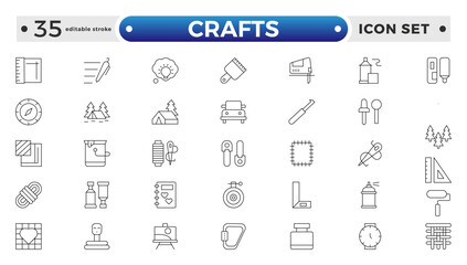 1130 Set of Crafts outline icons related to carpentry. Pencil, pen, brush, bucket paint, palette knife, roller, palette, marker and more. Editable stroke outline icon.
