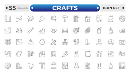 1130 Set of Crafts outline icons related to carpentry. Pencil, pen, brush, bucket paint, palette knife, roller, palette, marker and more. Editable stroke outline icon.
