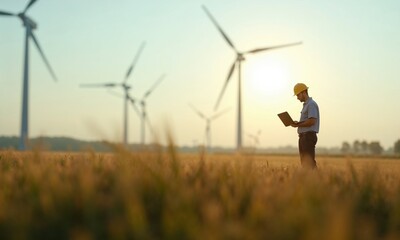 engineer with a helmet and laptop stands in a wind farm at sunset, symbolizing renewable energy, innovation, and sustainability in clean technology