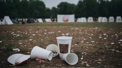 Post-event cleanup scene with discarded cups and trash scattered on the ground after a celebration