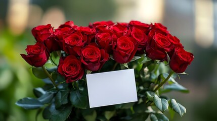 A beautifully arranged bouquet of red roses with a love note