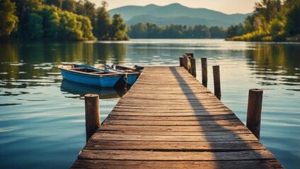 Fototapeta premium Boat in lake near wooden pier cartoon background. Dock and river landscape for fishing scene