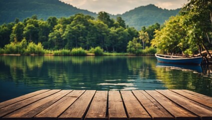 Boat in lake near wooden pier cartoon background. Dock and river landscape for fishing scene