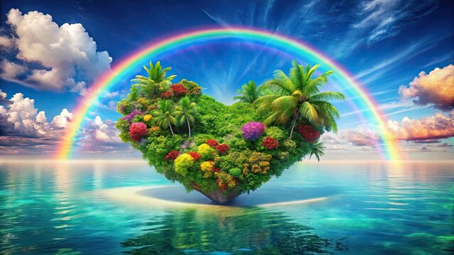 Heart-shaped island paradise with vibrant tropical vegetation under a brilliant rainbow