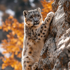 Obraz premium A snow leopard climbing rocky terrain in a high-altitude environment