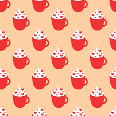Seamless Pattern. Red Valentine Day cup with whipped cream and hearts sprinkles. Vector flat illustration.