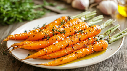 Delicious roasted carrots with olive oil and herbs on a plate