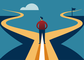 A person standing at a fork in the road, pondering which path to take, with two contrasting routes ahead.