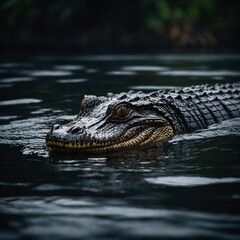 Obraz premium A black caiman gliding silently through dark Amazon waters.