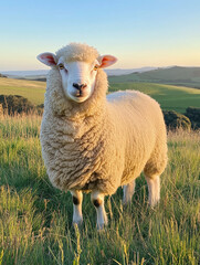 Dorset Sheep Standing in Lush Grass With Scenic Hills at Sunset in the Countryside