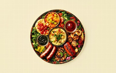 A vibrant gourmet sausage platter with dipping sauces, on a light yellow background