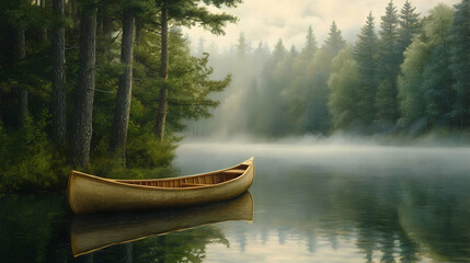 Fototapeta premium Canoe on a Misty Lake in the Forest: A Serene Landscape