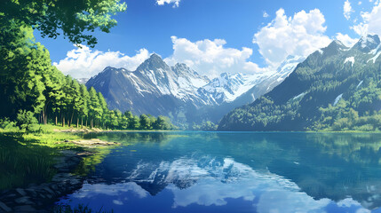 Fototapeta premium Stunning Mountain Lake Landscape: Serenity in the Alps