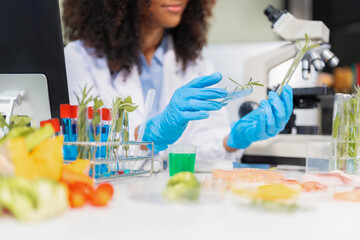 Microbiologists and nutrition experts analyze molecular samples in advanced food science labs,...
